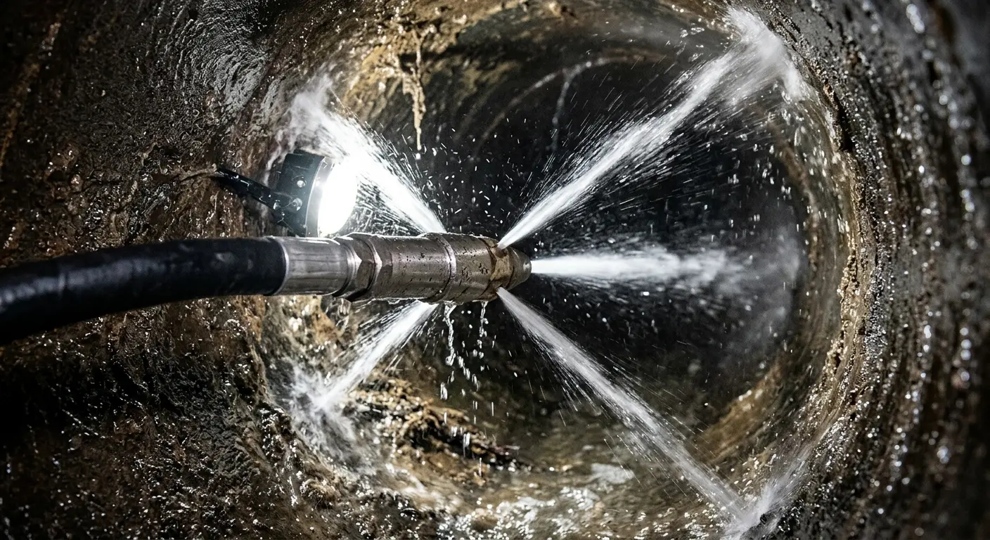 High-pressure hydro jetting nozzle cleaning sewer pipe for Emergency Drain Service in Winona