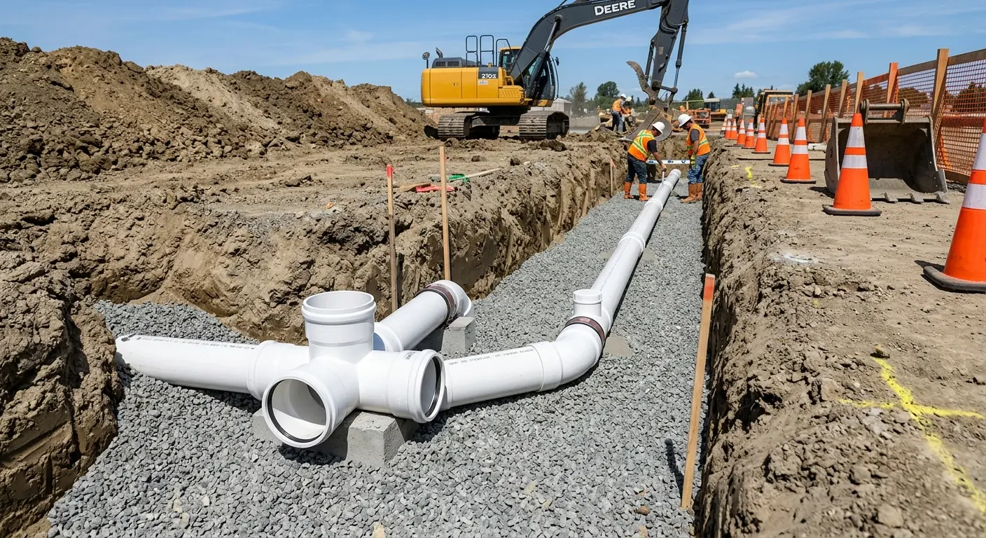 New PVC sewer pipe installation in open trench for Commercial Drain Cleaning in Winona