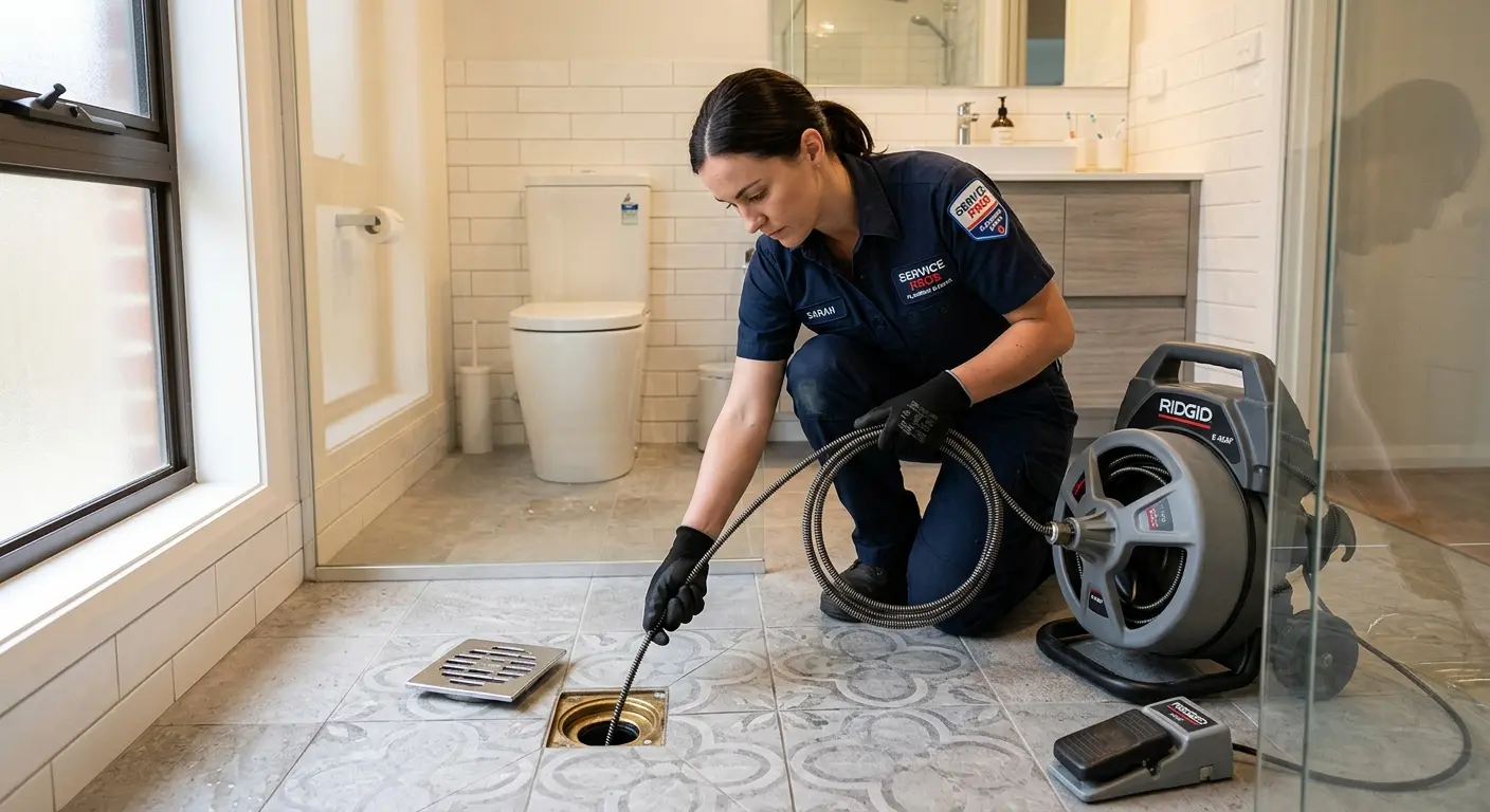 Technician clearing a bathroom floor drain for Hydro Jetting in Winona